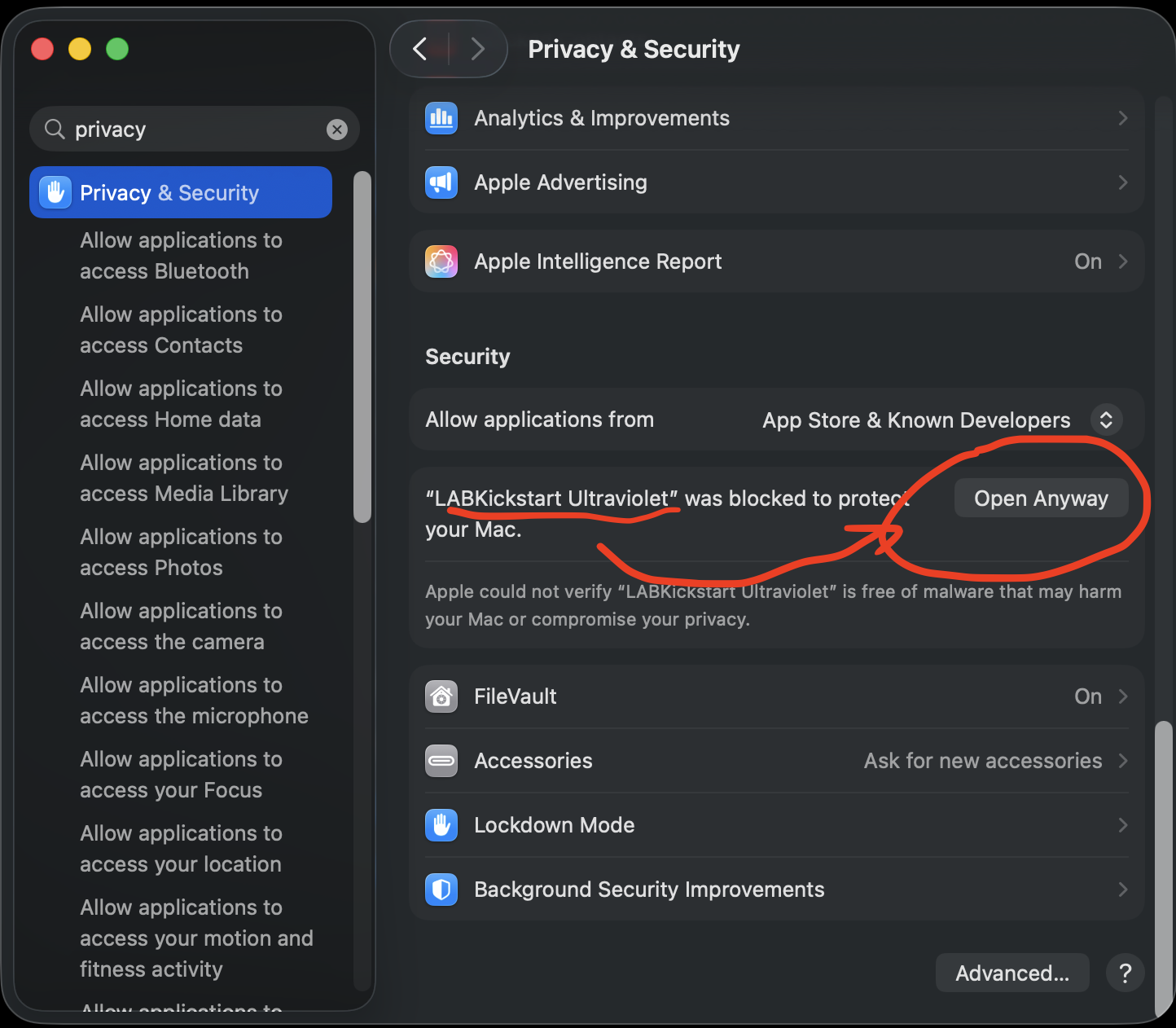 macOS System Settings, Privacy & Security: 'LABKickstart Ultraviolet was blocked' message with the Open Anyway button.